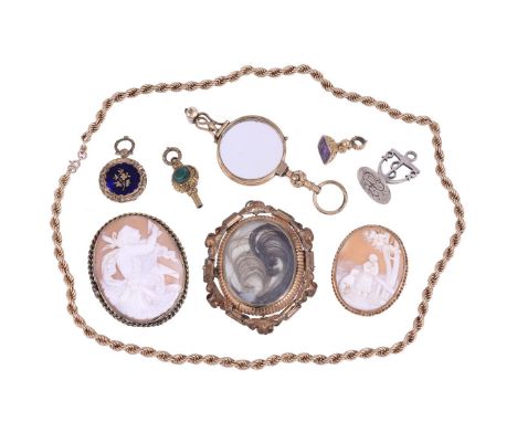 
	
		A COLLECTION OF ANTIQUE AND LATER JEWELLERY ITEMS
		To include a shell cameo brooch of a girl holding a puppy with a dog