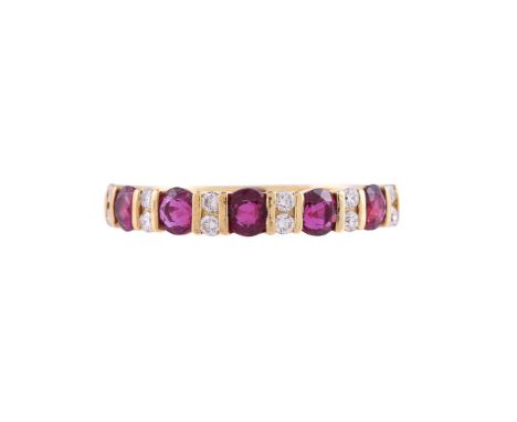 
	
		A RUBY AND DIAMOND HALF BAND RING
		The ring set with circular cut rubies with pairs of brilliant cut diamonds between, 