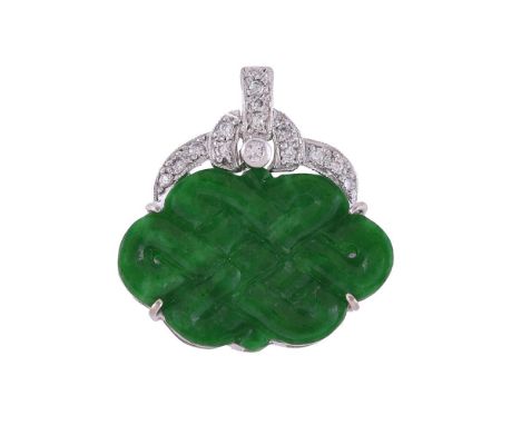 
	
		A JADE AND DIAMOND PENDANT
		The jadeite jade panel carved with an interlocking knot motif, with an brilliant cut diamon