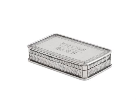
	
		A WILLIAM IV SILVER SNUFF BOX
		NATHANIEL MILLS, BIRMINGHAM 1836
		With engine turned borders and engraved 'From a frien