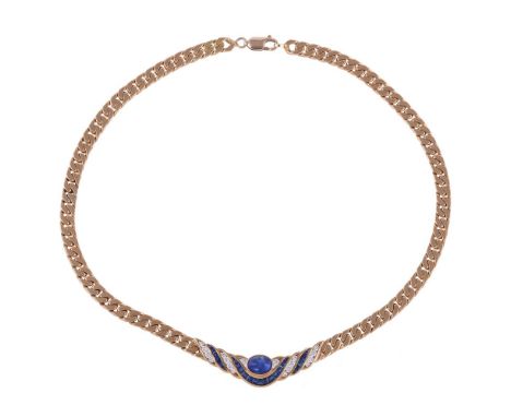 
	
		A SAPPHIRE AND DIAMOND NECKLACE
		The front panel with a central oval cabochon sapphire with curving bands set with chan