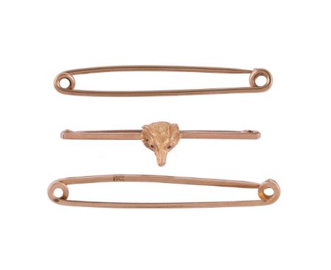 
	
		TWO FOX MASK PINS AND TWO STOCK PINS
		The fox masks both set with circular cut ruby eyes, on polished safety pin bars, 