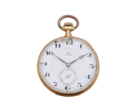 
	
		OMEGA
		A GOLD COLOURED KEYLESS WIND OPEN FACE POCKET WATCH, NO. 5198534
		Movement: Three quarter plate movement, bimet