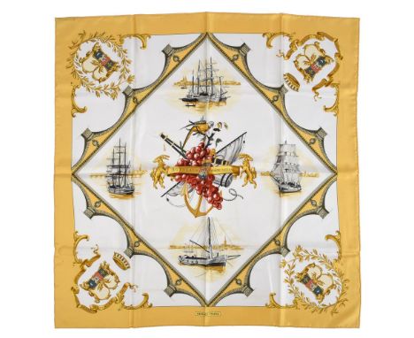 
	
		HERMÈS, BORDEAUX PORTE OCEANE, A SILK SCARF
		With white ground and golden yellow border, rolled hand stitched edges, wi