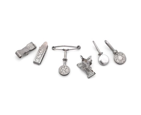
	
		SIX SILVER NAPKIN CLIPS
		VARIOUS MAKER'S AND DATES
		To include: an Edwardian butterfly shaped napkin clip by Levi &amp
