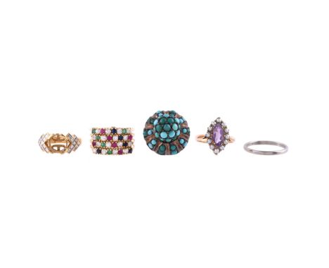 
	
		FIVE ASSORTED RINGS
		Comprising a white stone, sapphire, ruby and emerald multi layer dress ring; a band ring stamped T