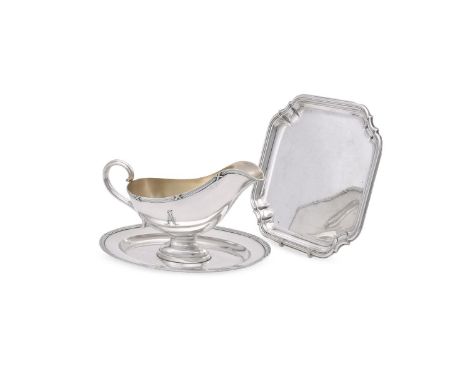 
	
		A GERMAN SILVER COLOURED OVAL SAUCE BOAT ON STAND
		GEBRÜDER KÜHN, POST 1886 .800 STANDARD
		With reed and stitch border