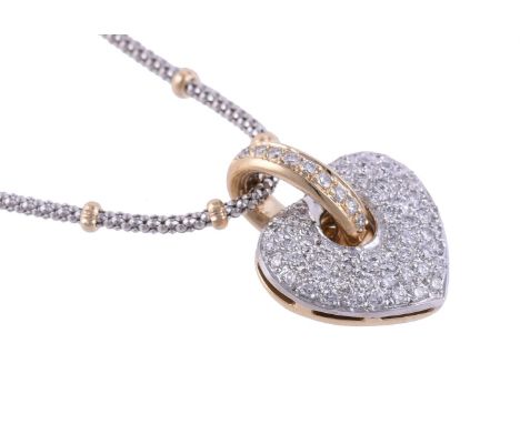 
	
		A DIAMOND HEART PENDANT ON CHAIN
		The two colour pavé set brilliant cut diamond heart, approximately 1.01 carats total,