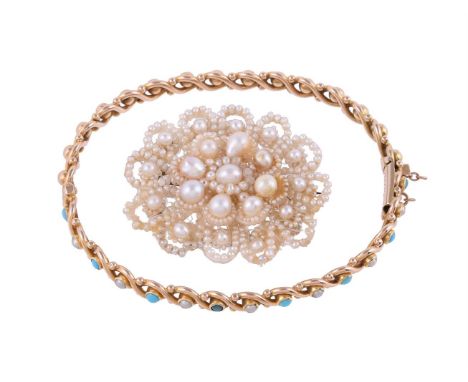 
	
		Y&nbsp;AN EDWARDIAN TURQUOISE AND HALF SEED PEARL HINGED BANGLE AND A MID 19TH CENTURY PEARL BROOCH
		The bangle with al
