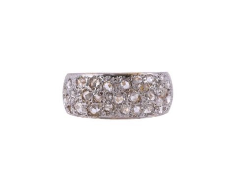 
	
		A ROSE CUT DIAMOND RING
		The broad tapering panel set with rose cut diamonds, stamped 18k
		Size/dimensions: finger siz