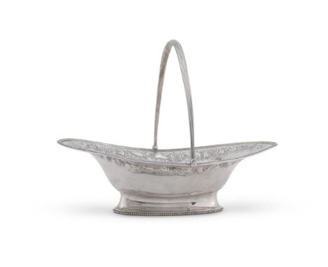 
	
		A GEORGE III SILVER OVAL PEDESTAL BASKET 
		MAKER'S MARK POORLY STRUCK (H..), LONDON 1786 
		With a reeded swing handle,