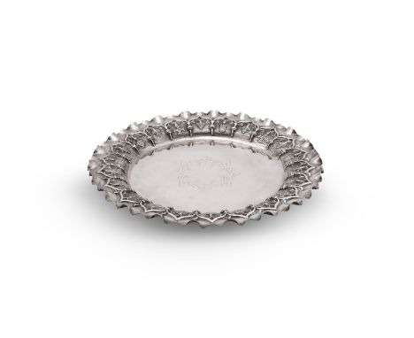 
	
		A PORTUGUESE SILVER COLOURED CIRCULAR PLATE
		LISBON 1886 - 1938, .916 STANDARD
		With a crimped border, chased with alt