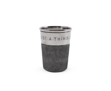 A SILVER NOVELTY TOT IN THE FORM OF A THIMBLE CHARLES HORNER LTD., CHESTER 1951  Engraved Just a thimbleful 39.6g (1.28 oz)  