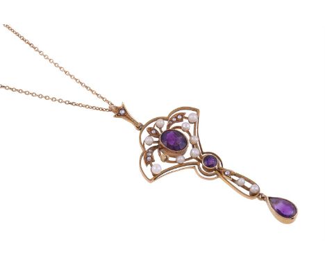 
	
		AN EDWARDIAN SEED PEARL AND AMETHYST PENDANT 
		CIRCA 1910
		The pierced fan shaped pendant set with deed pearls and hal