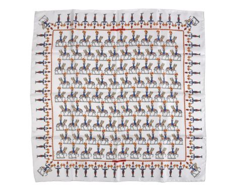 
	
		HERMÈS, LES ARTIFICIERS, A SILK SCARF
		With white ground and border, rolled hand stitched edges, with Hermès orange car