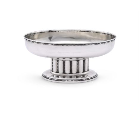 
	
		A GERMAN SILVER COLOURED OVAL PEDESTAL BOWL
		I. GOLDSCHMIDT, POST 1886 .800 STANDARD
		With bead and reel borders, on a