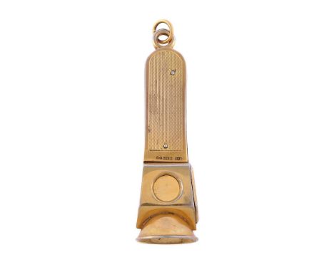 
	
		A BI-METAL CIGAR CUTTER
		S. J. ROSE &amp; SON, BIRMINGHAM 1958
		With 9 carat gold engine turned mounts
		7.5cm (3in) l