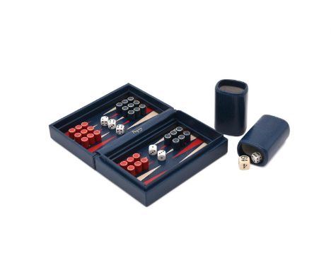 
	
		A BLUE LEATHER BACKGAMMON SET
		ASPREY
		With two blue leather dice shakers, dice and magnetic playing pieces
		18cm (7i