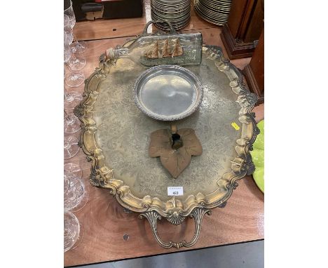 Large Victorian silver plated serving tray together with a ship in a bottle, Tudric pewter comport and an Arts and Crafts cha