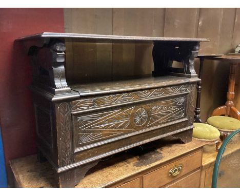 Early 20th century carved oak monks bench, 105cm wide, 47.5cm deep