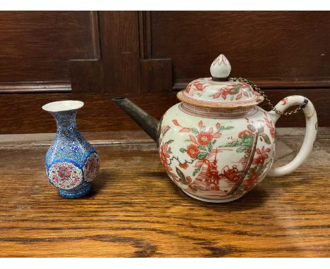 17th/18th century Chinese famille verte teapot with white metal spout, and a small Islamic enamel vase (2)