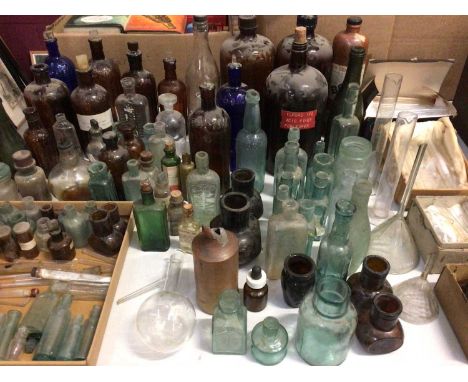 Large collection of vintage 'poison' and other glass medicine bottles, tubes, funnels etc