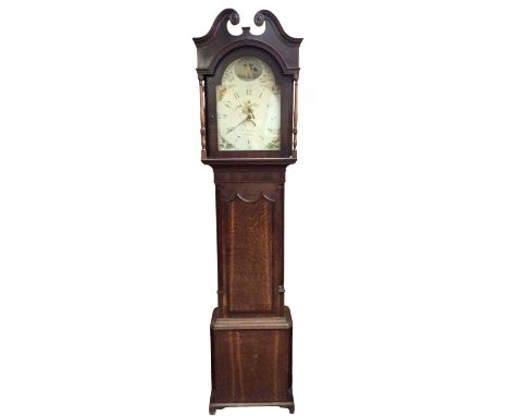 George III mahogany and fruitwood cross banded longcase clock, by R Musgrave, Dalston, with well painted arched enamel dial, 