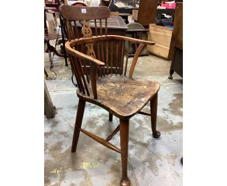 Early 19th century Windor yew and elm stick back elbow chair on tapered legs and pad feet, together with another antique chai