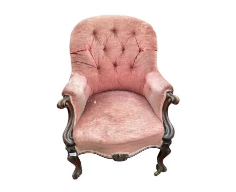 Victorian mahogany framed button back easy chair with pink upholstery