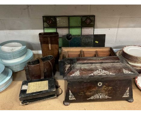 Sundry items, including antique binoculars, mother of pearl inlaid sarcophagus tea caddy, stained glass panel, etc