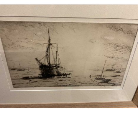 James McBey (1883-1959) etching, marine scene, signed, plate 19 x 35cm, glazed frame