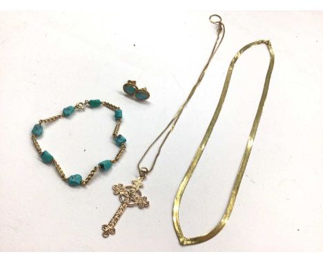 9ct rose gold cross pendant on 9ct gold chain, 9ct gold necklace, yellow metal and turquoise stone bracelet and pair yellow m