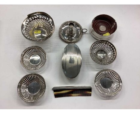 Miscellaneous group of silver to include a silver chamber candlestick, bon bon dishes, coaster, spoons etcAll items are silve