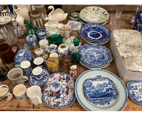 Group of mostly antique ceramics and glassware, including delftware, ironstone, transfer ware, relief moulded jugs, etc
