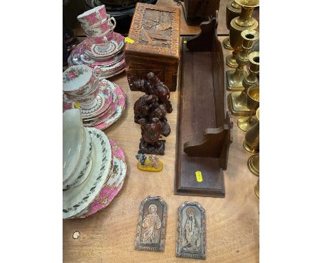 Mahjong set in carved wooden box, oriental figures, wooden shelf and pair of French engraved religious plaques.All pieces of 