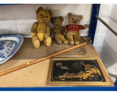 Chinese lacquer panel, group of teddies and silver mounted walking stick