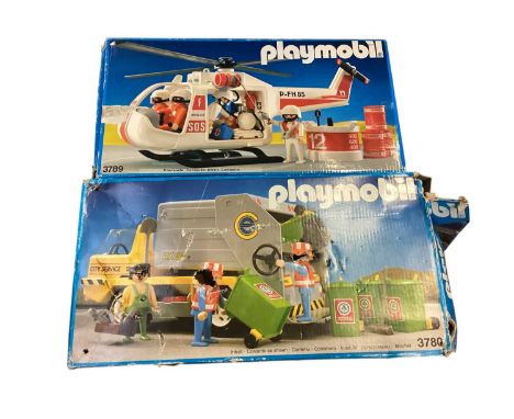 Playmobil Rescue Helicopter, boxed (poor) No.3789, Dustcart, boxed (poor) No.3750 &amp; loose Fire Engine (3)