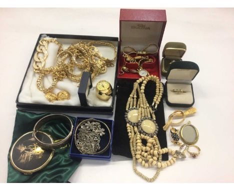 Group of cosume jewellery, 1960s silver bangle, two other silver (925) bangles, wristwatches and a compact mirror