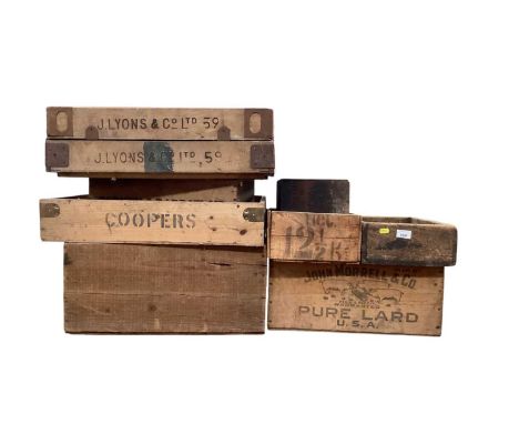Collection vintage wooden commercial boxes some with stencilled labels (9)