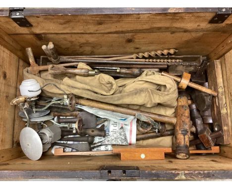 Antique pine tool box together with collection of ship rights tools including, planes, mallets, chisels etc and some old gas 