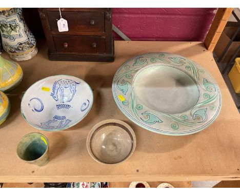 Art Deco Royal Lancastrian pottery charger decorated with birds, together with other studio pottery.