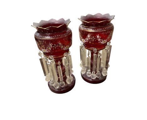 Pair of Victorian ruby glass lustresThe vases seem to be in very good condition