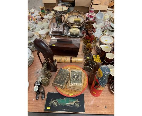 Regency rosewood sarcophagus shaped tea caddy, polychrome painted Russian doll, Ronson table lighter, metalware and sundries