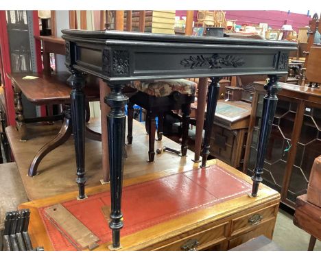 Victorian ebonised card table with foldover top, 89cm wide, 44cm deep, 76cm high