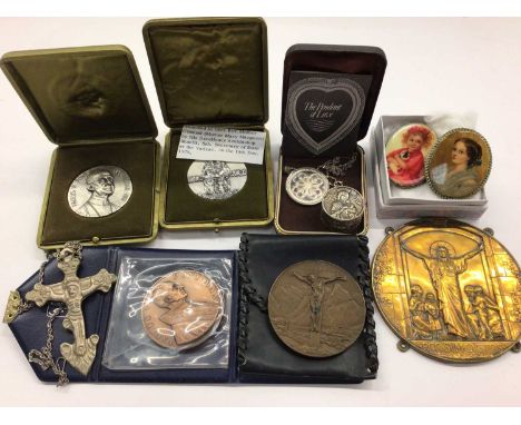 Group of religious medallions, necklace, pill pot etc and two portrait miniature brooches