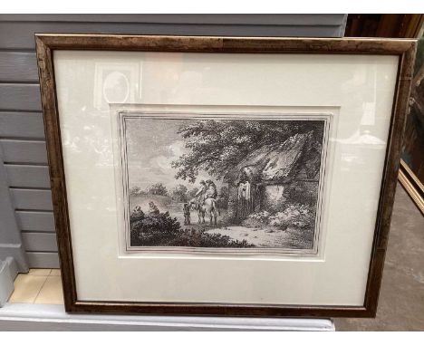 George Morland lithograph - figures by a cottage, and a Buck etching of Leiston Abbey