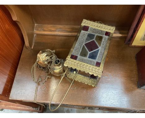 Antique stained glass and brass hall lantern, square form with rise and fall pulley mechanismQuite a bit of damage, please se