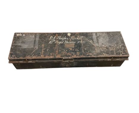 Late 19th century japanned tin uniform trunk by Hawkes &amp; Co named to P.J Hughes-Reckitt 10th Royal Hussars, 108cm x 31cm 
