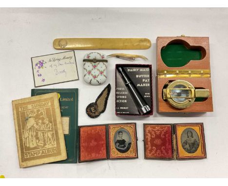 Second World War cloth RAF engineers badge, compass, rule, degarrotypes and sundries.