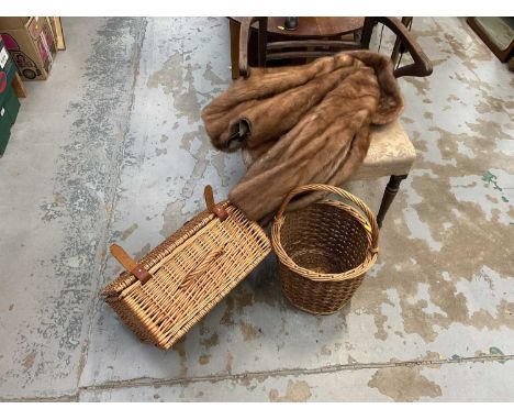 Two wicker items and a vintage ladies fur coat (3).